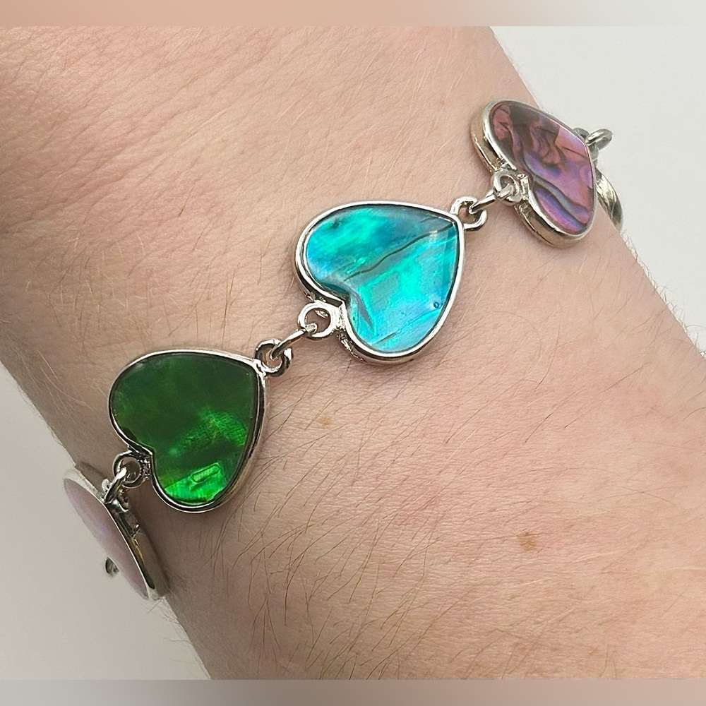 Multicolor Heart Link Silver Tone Bracelet with Abalone Inlay - Picture 13 of 13